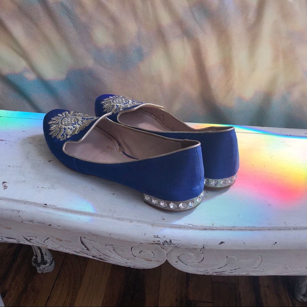 Miu Miu bling heel cobalt blue embroidered loafers